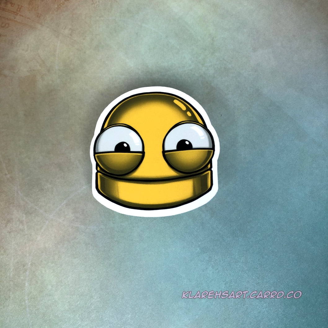 A vinyl sticker of a yellow robot head with a happy expression. On a light yellow and green background.