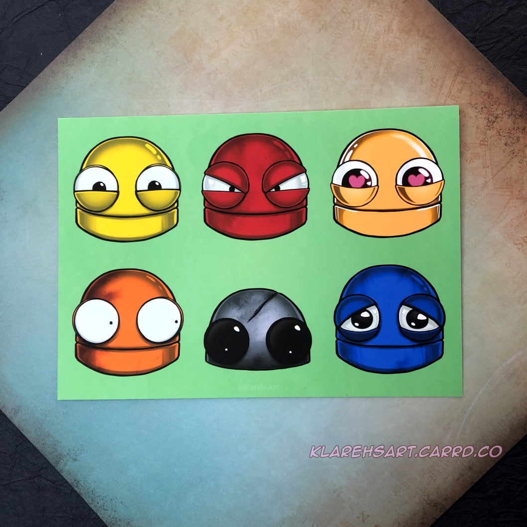 A colorful collage of 6 loot bots. Top left is a yellow robot head, smiling. Top middle is a red robot head, looking mad. Top right is a golden metallic robot head with pink heart eyes. Bottom left is an orange robot head, eyes wide in fright. Bottom middle is a dead robot head, its metal scratched and eyes black with no battery. Bottom right is a blue robot head, looking sad. The print background is green. The print is resting on a black and light green gold background.