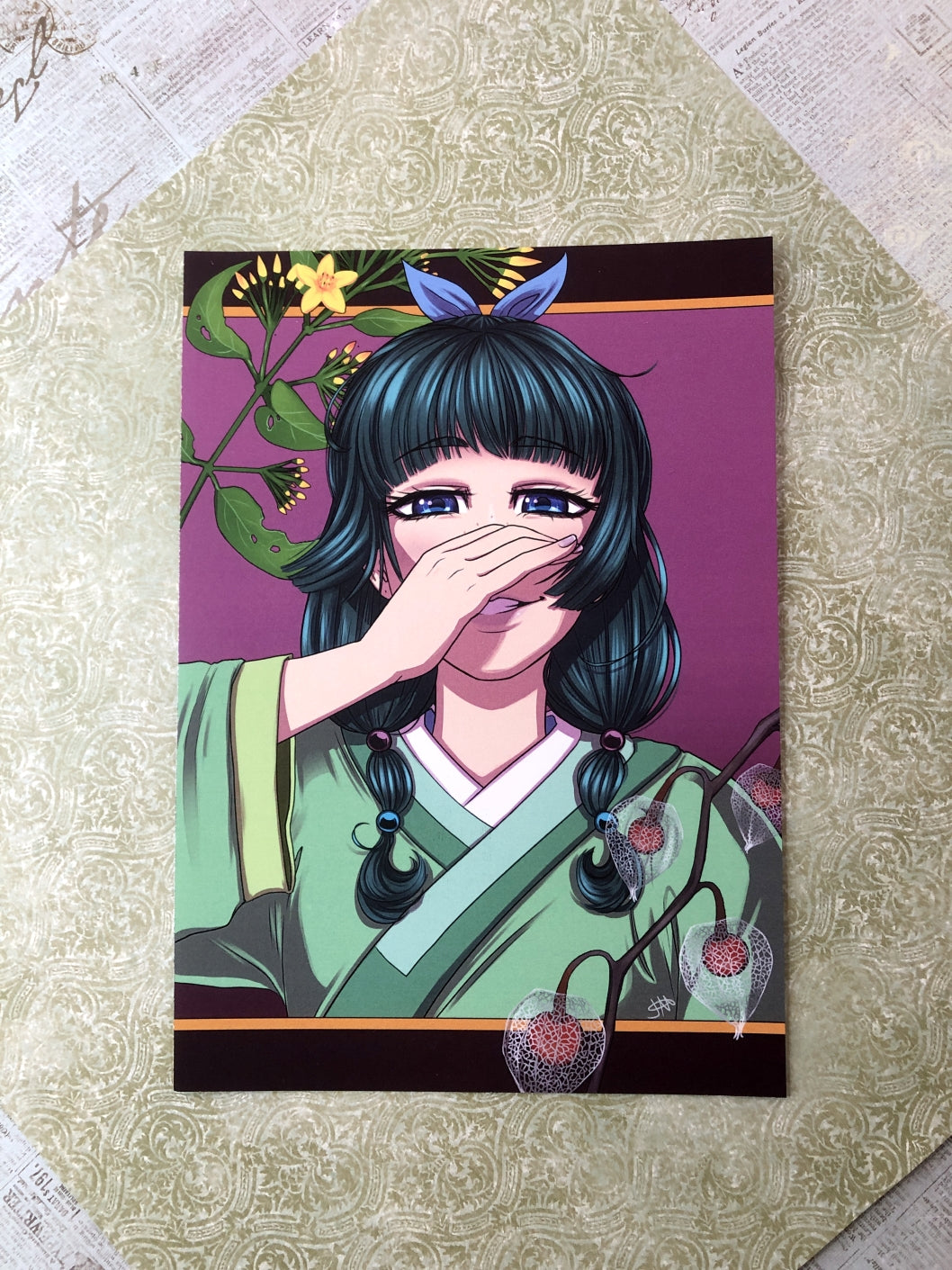 Illustration of an apothecary with dark green hair in beads and a ribbon. She has blue eyes and covering her smirk with her right hand. She is wearing green and white clothing. Poisonous plants frame her. This is the Medium size.